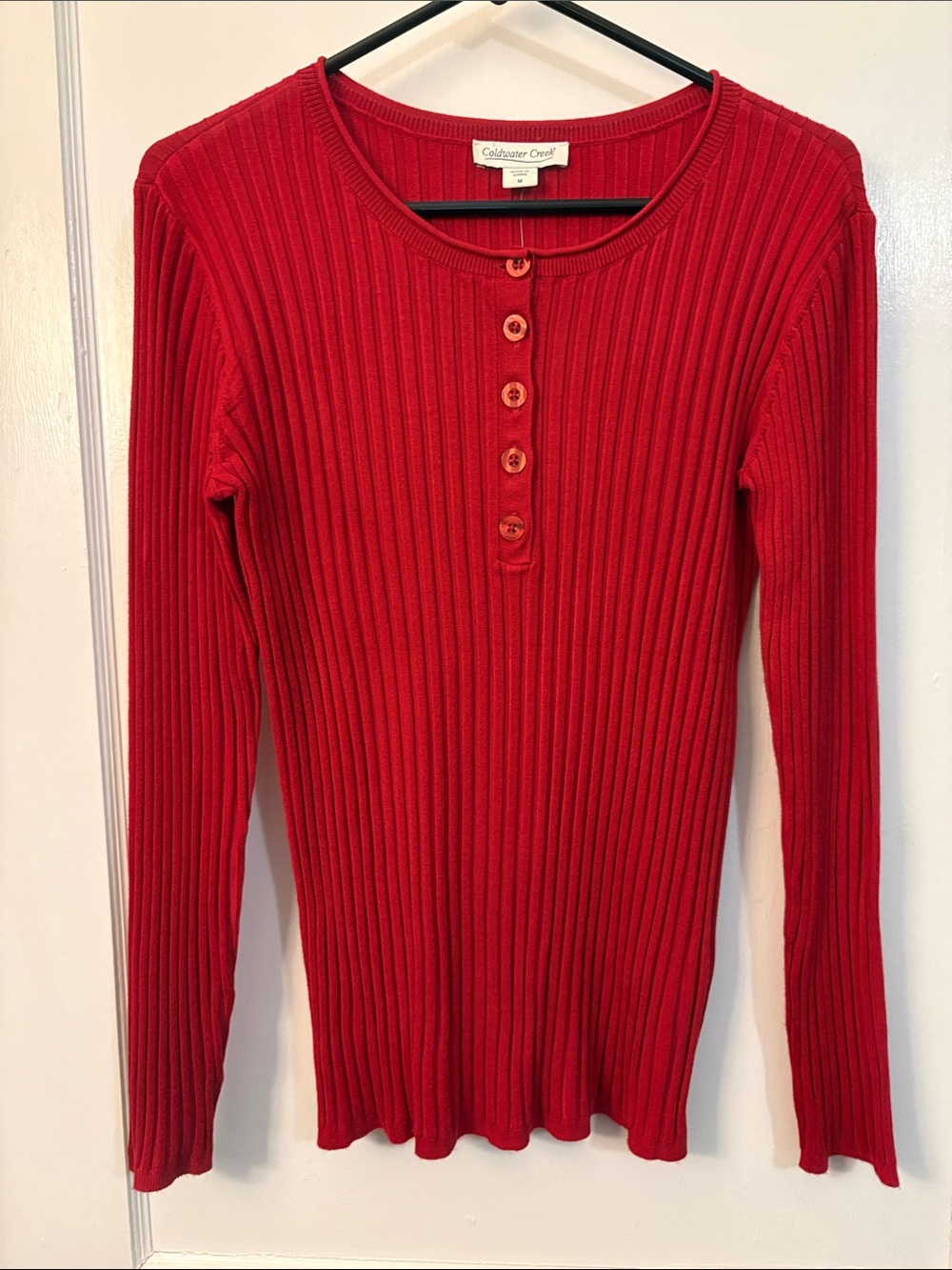 Coldwater Creek Red Ribbed Henley Long Sleeve Top Medium